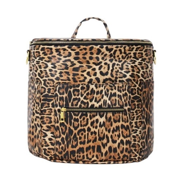 Fawn Leopard Print Diaper Bag Convertible Backpack Gold Hardware Stylish Chic - Picture 1 of 10